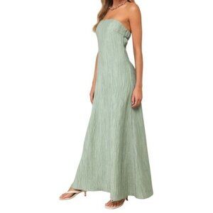 LULUS Sage Green Strapless Maxi Dress Pleated Tencel Open Back Gown NWT‎ L